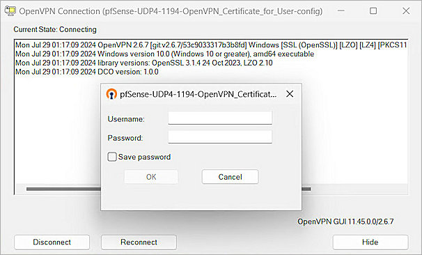 Screenshot of OpenVPN Client, Login UI